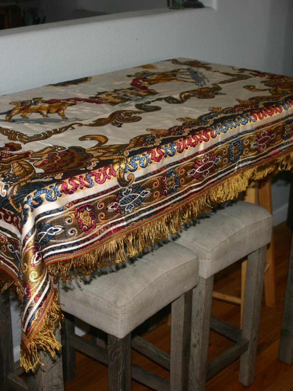 VTG Embroidered Tapestry Table Cloth Bull Fighters 58 " Square From Spain